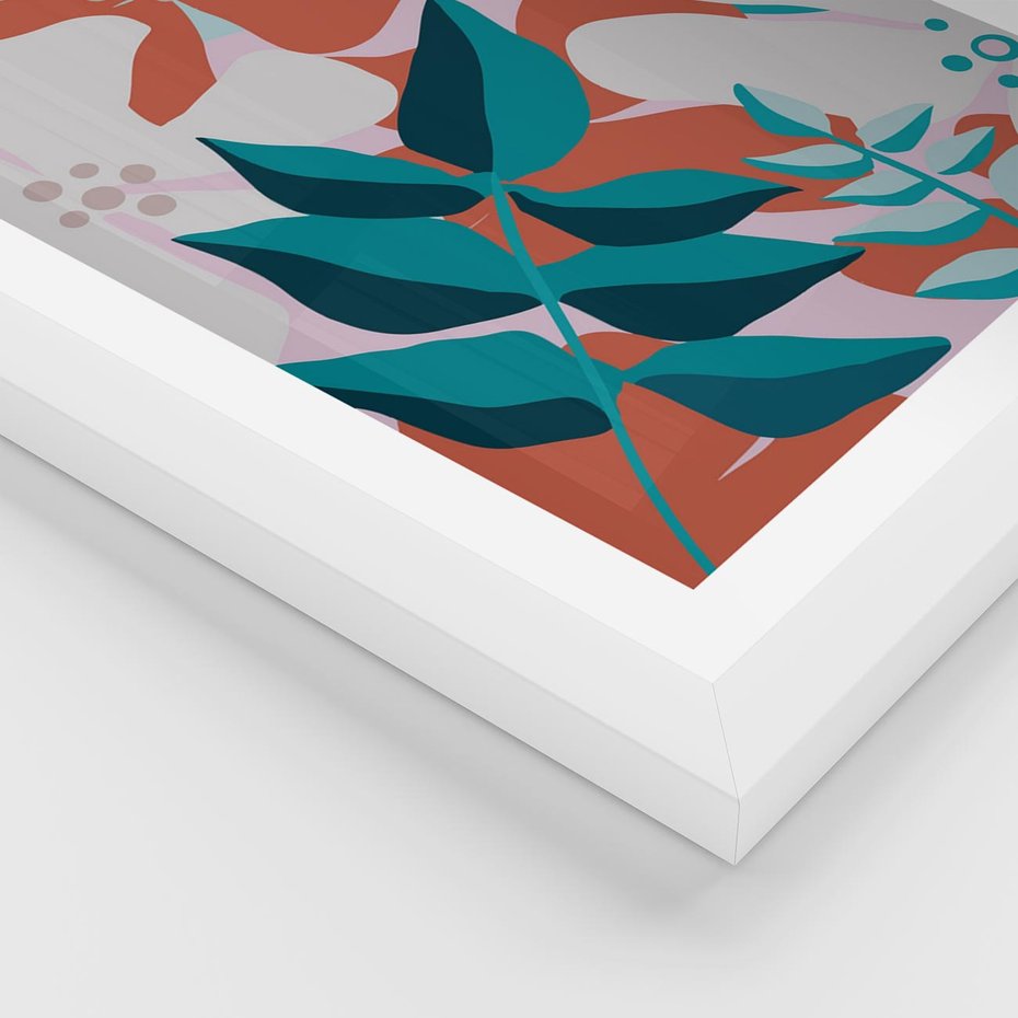 Plakat w ramie 40x50 - Harmonijne Formy - abstrakcyjna kompozycja kwiatowych form, kolor zgaszone - rama biała