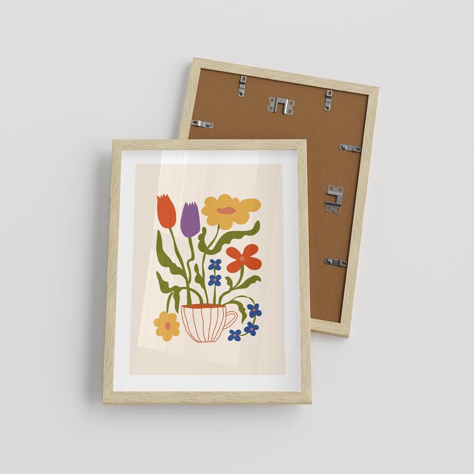 Plakat w ramie 30x40 - Kolorowe Granice - kwiaty w filizance, abstrakcja - rama drewno