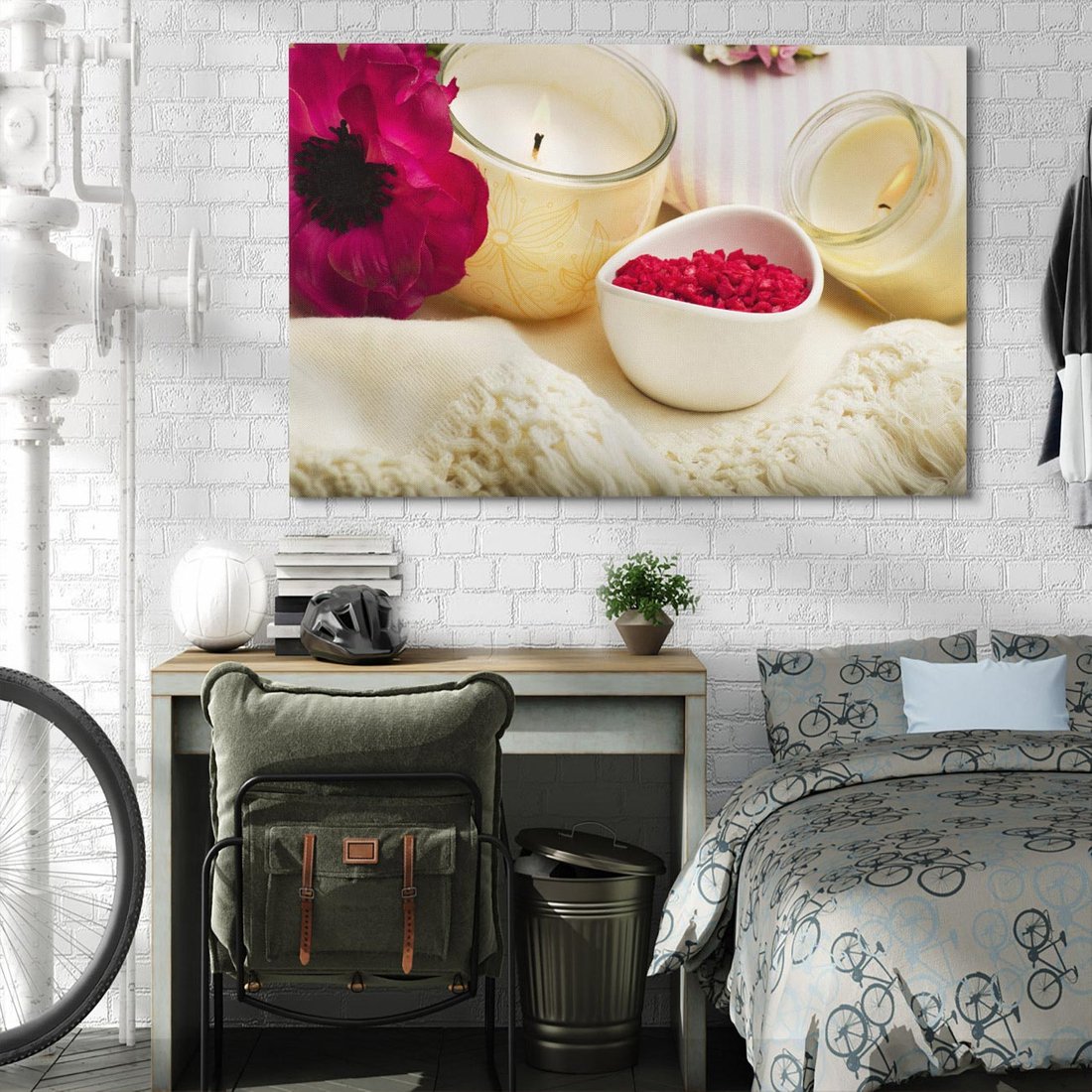 Obraz na płótnie 120x80 - Relaksujący moment: świeczki i kwiaty w SPA - świeczki, kwiat