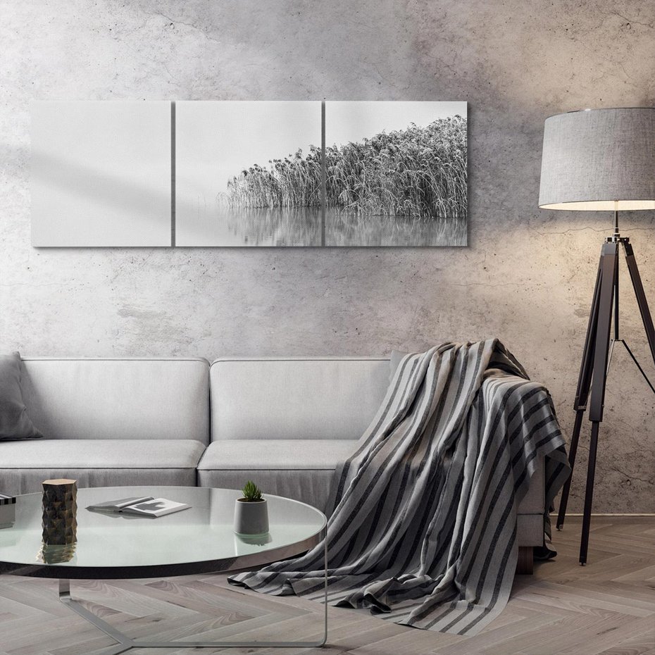 Obraz na płótnie 90x30 - Mglisty Brzeg Jeziora - czarno białe zdjęcie, zamglone jezioro