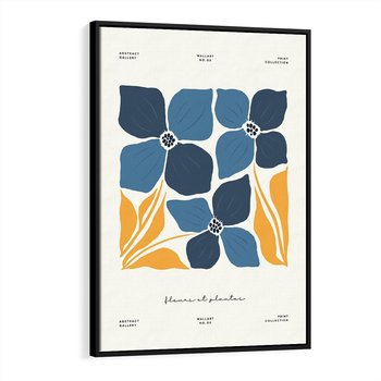 Obraz w ramie 50x70 - Błękitne Nowości - niebieskie kwiaty, nowoczesna sztuka - rama czarna