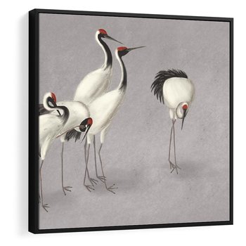 Obraz w ramie 50x50 - Spojrzenie wstecz w pędzlu - szkic rysunek, japońskie żurawie - rama czarna