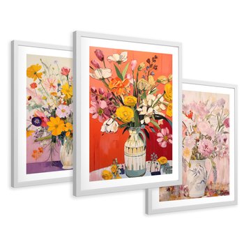Zestaw obrazy w ramie 50x70 galeria - kwiaty, wazon, akwarela, pastele - rama biała