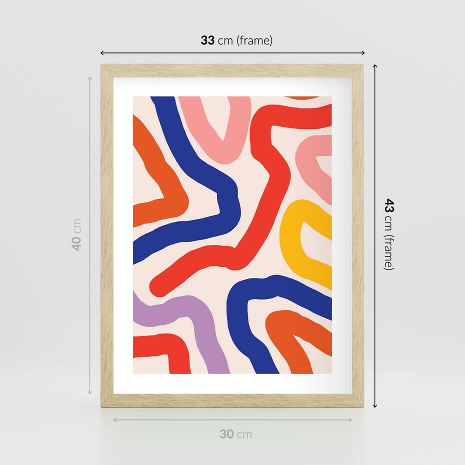 Plakat w ramie 30x40 - Intrygujące Widzenia - abstrakcyjny kolorowy obraz, kolorowe linie - rama drewno