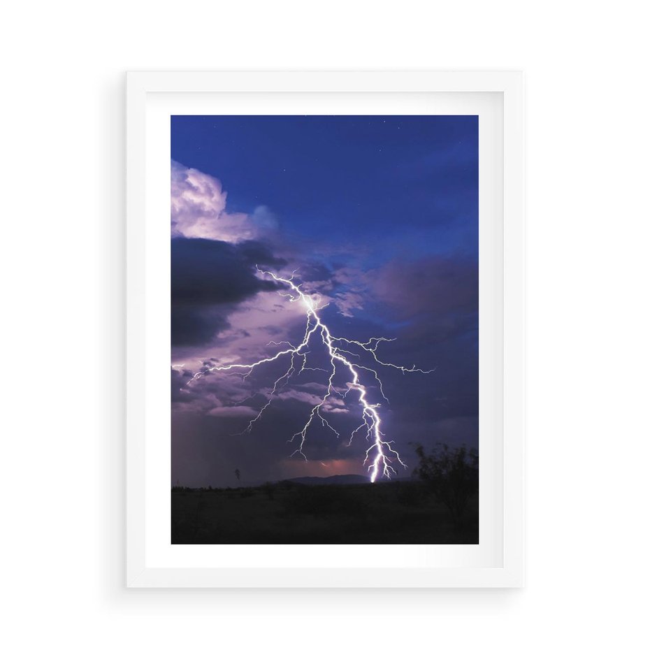 Plakat w ramie 50x70 - Burza z błyskawicami nad horyzontem - burza, błyskawica - rama biała