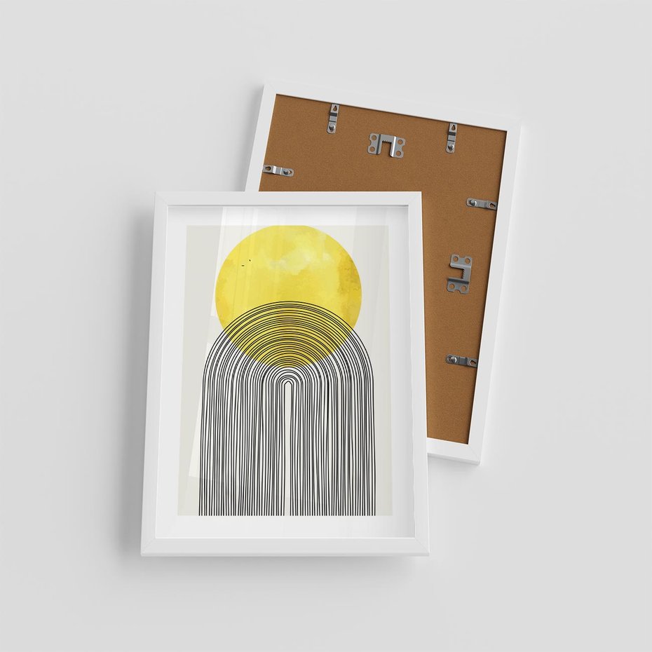 Plakat w ramie 30x40 - Słoneczne Odbicia - geometria, żółte koło - rama biała