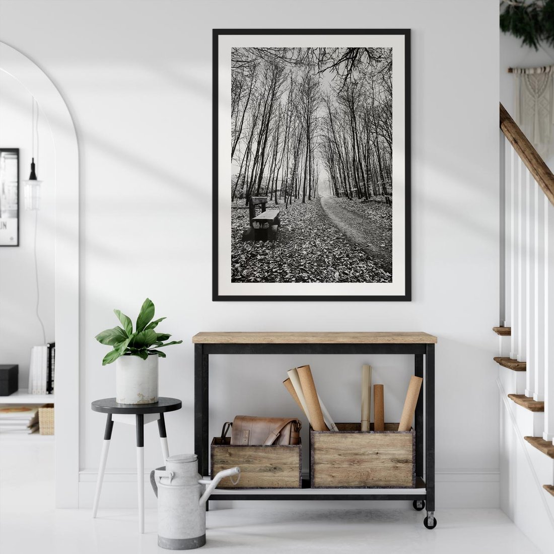Plakat w ramie 50x70 - Spadające Liście - czarno białe zdjecie, park - rama czarna