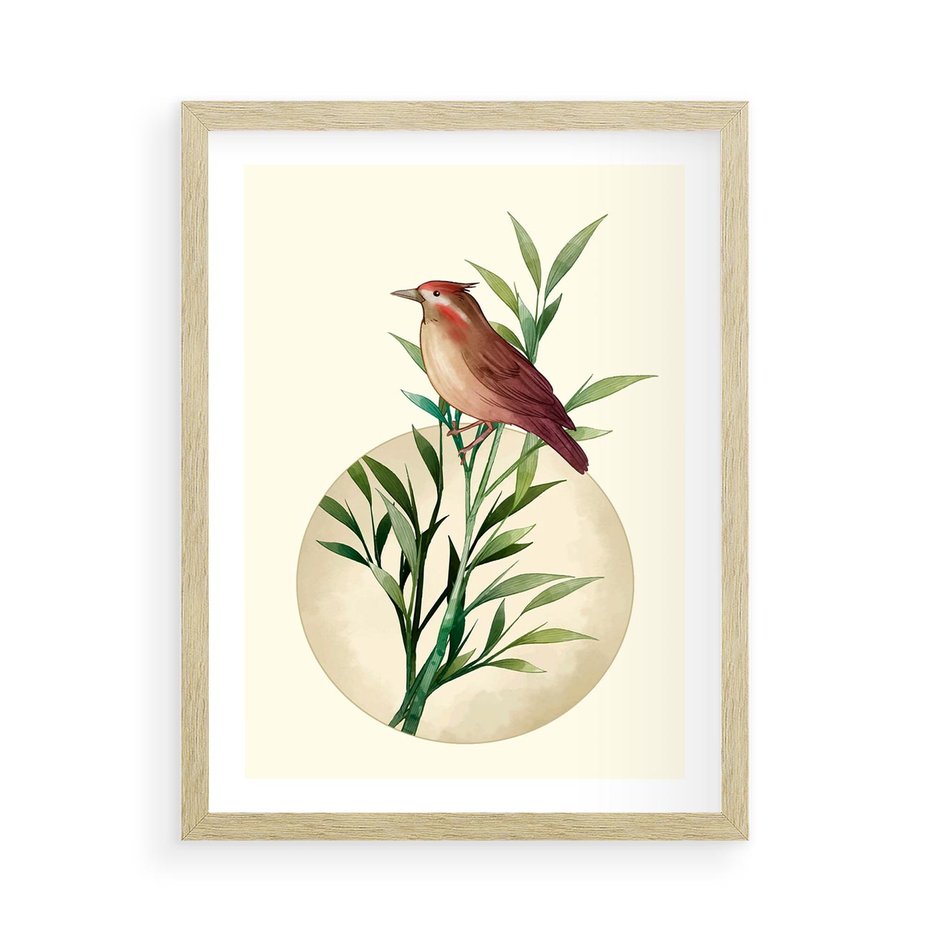 Plakat w ramie 50x70 - Rozkwitająca Delikatność - japońska sztuka, ptak - rama drewno