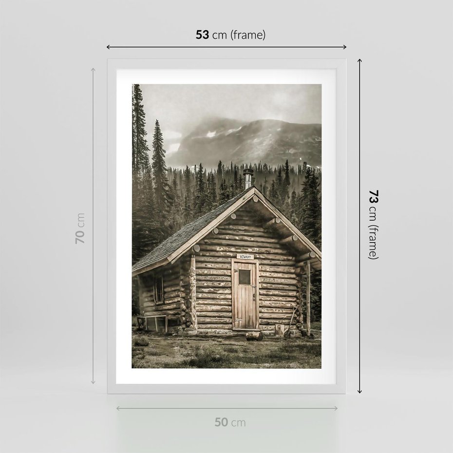 Plakat w ramie 50x70 - Urok Drewnianej Chatki w Górach - chatka w górach, drewniany domek - rama biała