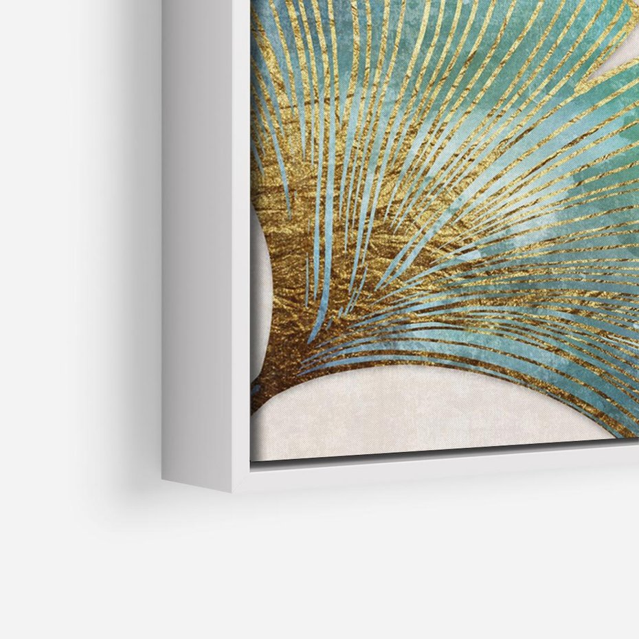 Obraz w ramie 120x80 - Złota Melodia Liści - złote, turkusowe liście miłorzębu - rama biała