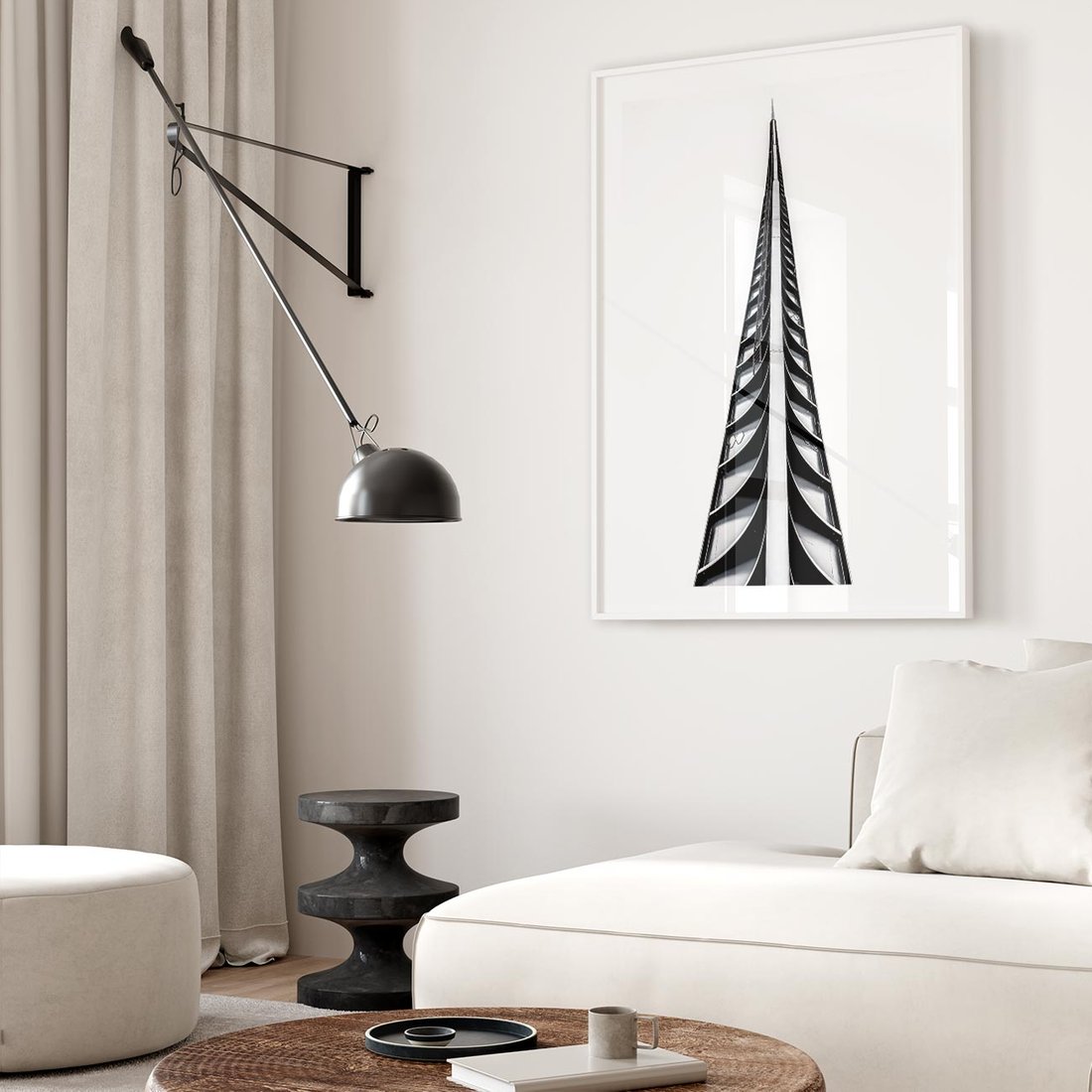 Plakat w ramie 50x70 - Majestatyczna Architektura - wysoki, strzelisty wieżowiec - rama biała