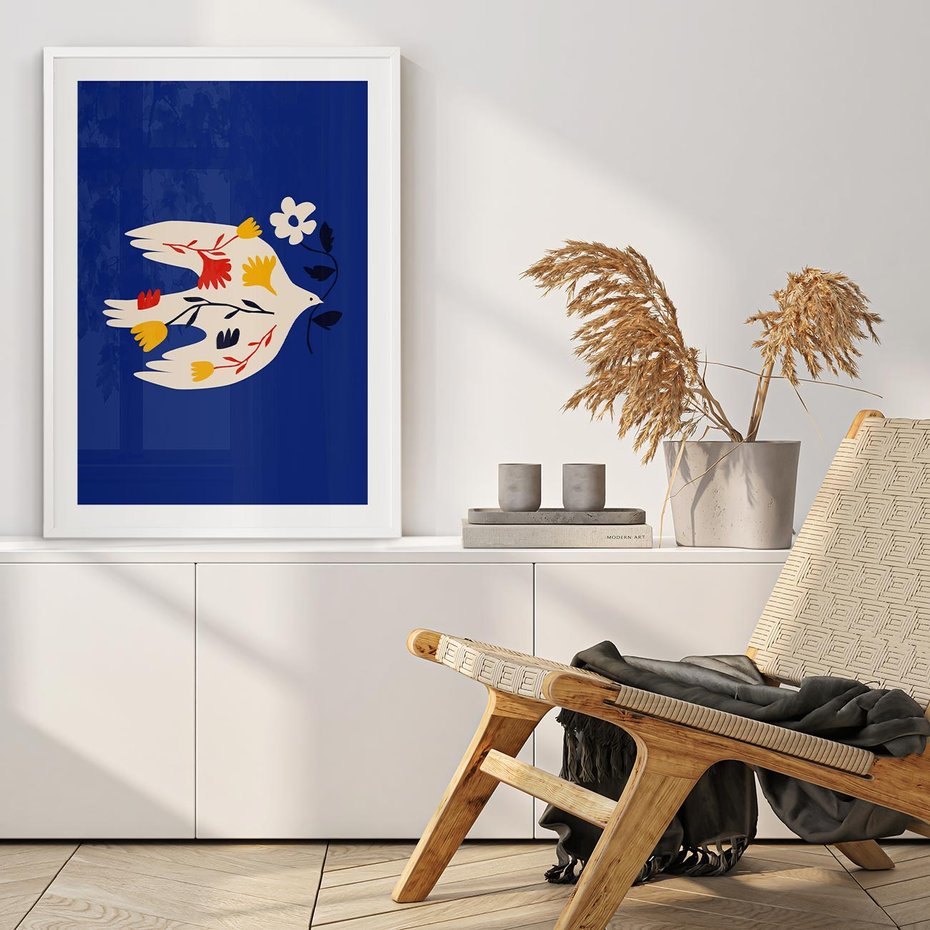 Plakat w ramie 30x40 - Bezczasowy Szept - niebieskie tło, abstrakcyjny biały ptak - rama biała