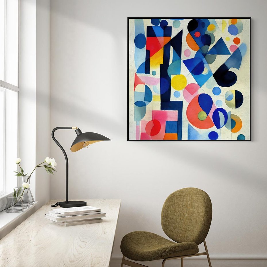 Obraz w ramie 50x50 - Księga Akwarelowych Przeniknięć - abstrakcyjny obraz, różne kolorowe kształty - rama czarna