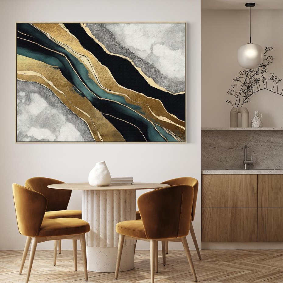 Obraz w ramie 70x50 - Refrakcje płynącej rzeczywistości - jak marmurowa rzeka, linie złota - rama drewno