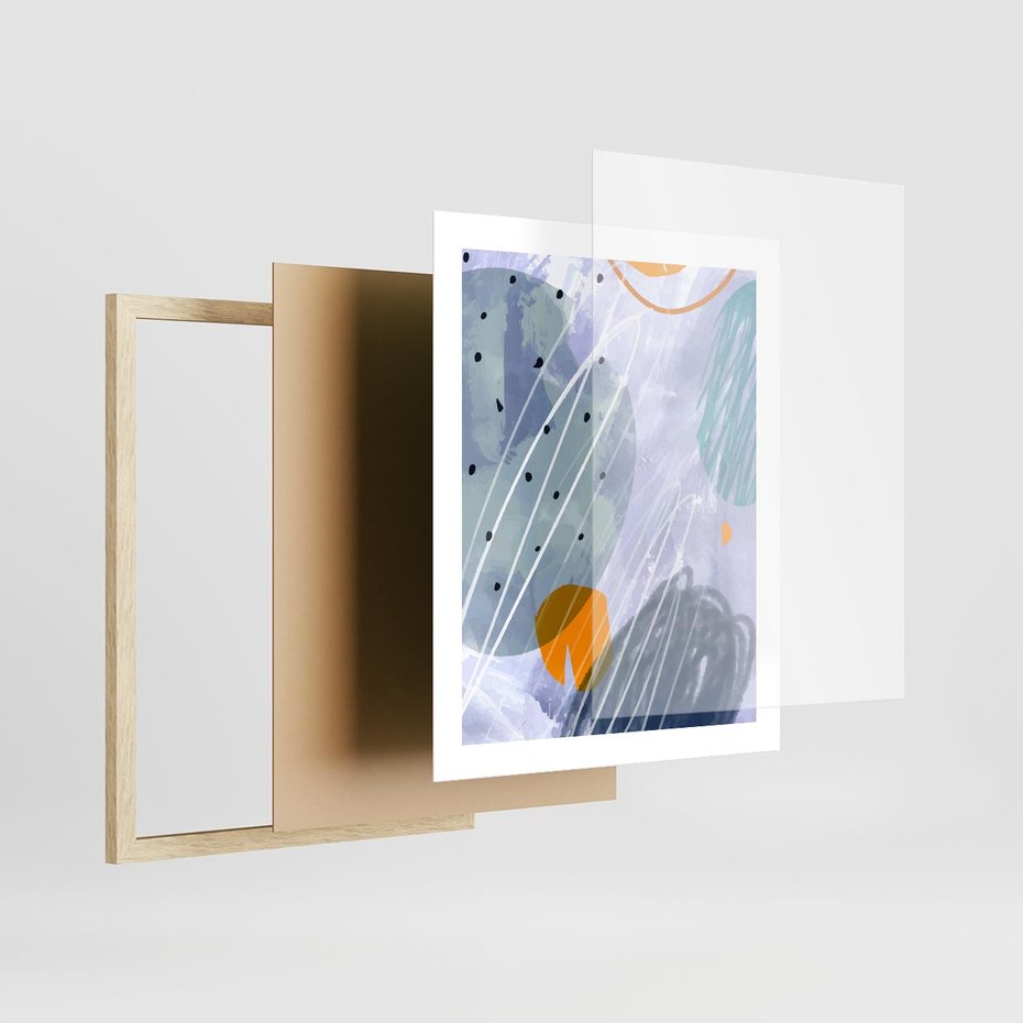 Plakat w ramie 40x50 - Pastelowe Przenikanie - abstrakcyjny plakat do młodzieżowego pokoju, granaty fiolety - rama drewno