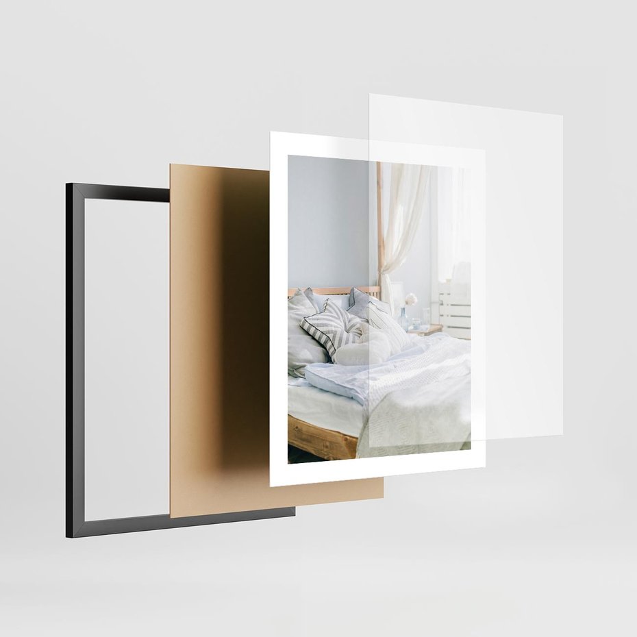 Plakat w ramie 40x50 - Relaks w Sypialni: Jasne Kolory - zdjęcie sypialni, łóżko - rama czarna