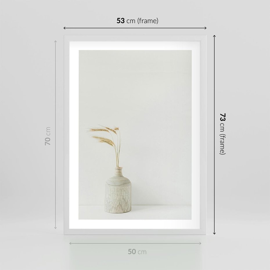 Plakat w ramie 50x70 - Sztuka Prostoty - minimalistyczny wazon, źdźbła traw - rama biała