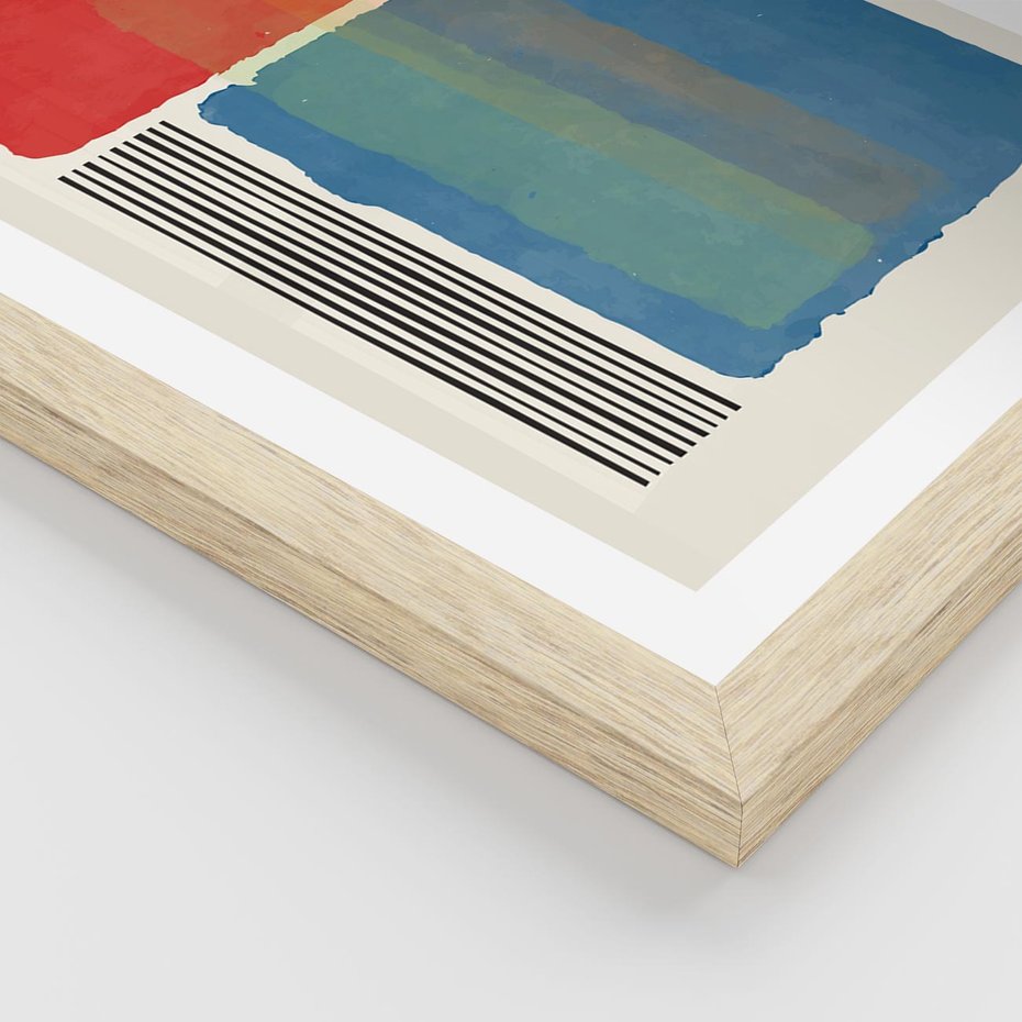 Plakat w ramie 50x70 - Kolorowe Spektrum - kolorowa geometria, prostokąty w intensywnych kształtach i czarne kreski - rama drewno