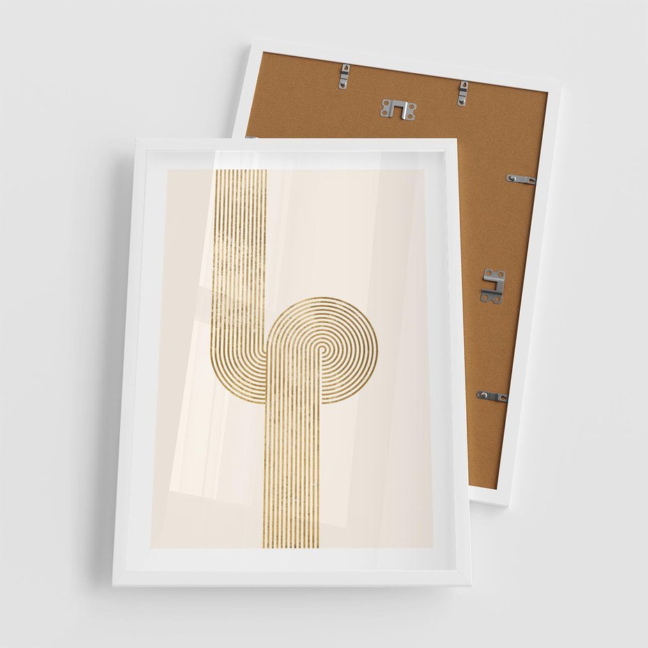 Plakat w ramie 50x70 - Podróżne Kształty - geometryczne linie w złotym kolorze, minimalizm - rama biała