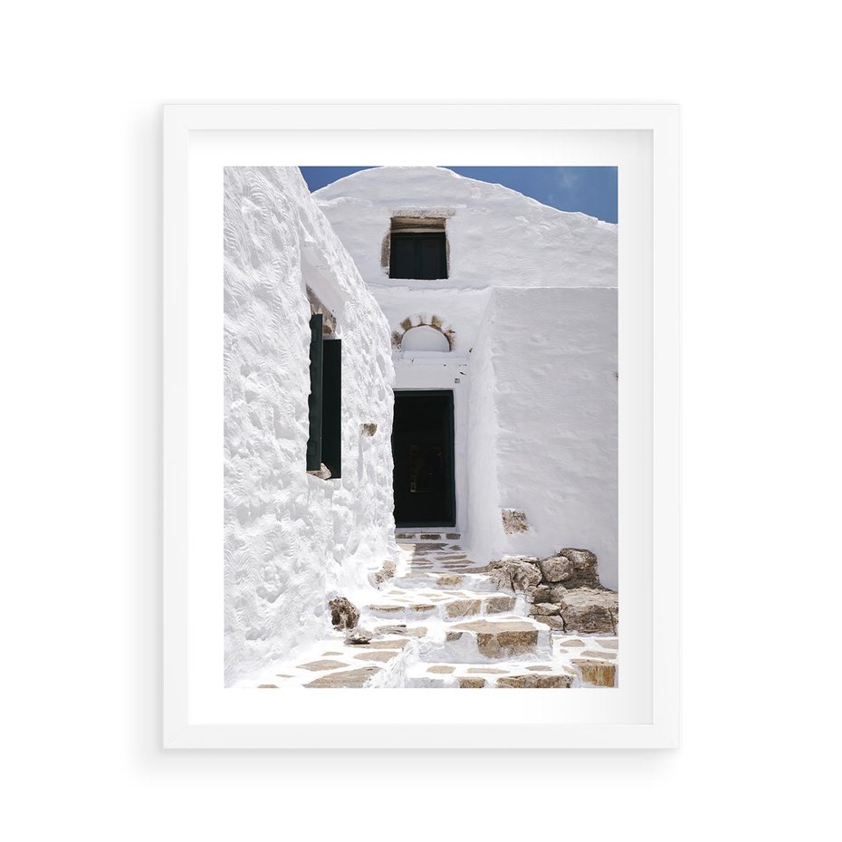 Plakat w ramie 40x50 - Santorini - Grecja błękitem malowana - Santorini, Grecja - rama biała