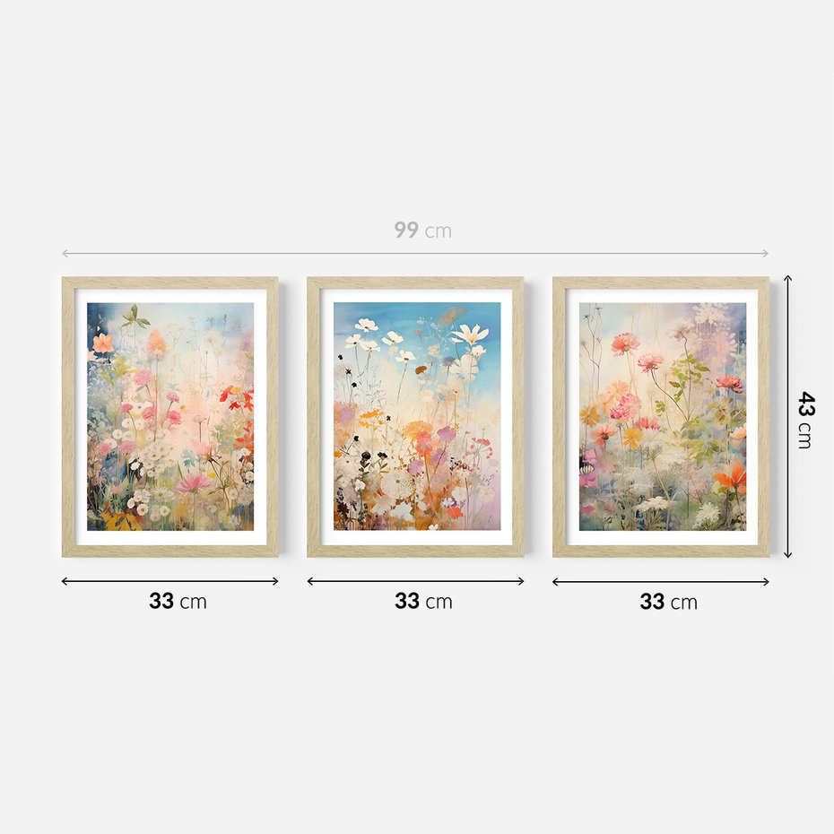 Zestaw obrazy w ramie 30x40 galeria - kwiaty, łąka, akwarela, boho - rama drewno