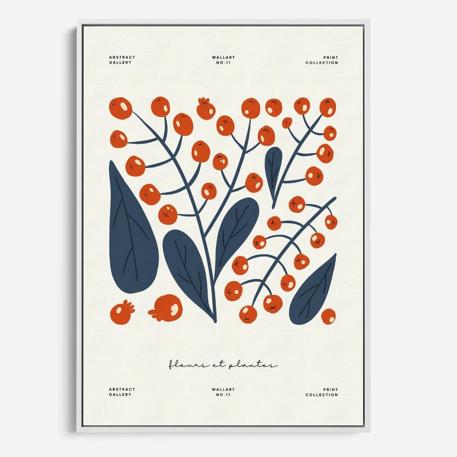 Obraz w ramie 70x100 - Minimalistyczna Uroda Jarzębin - jarzębiny, niebieskie liście - rama biała