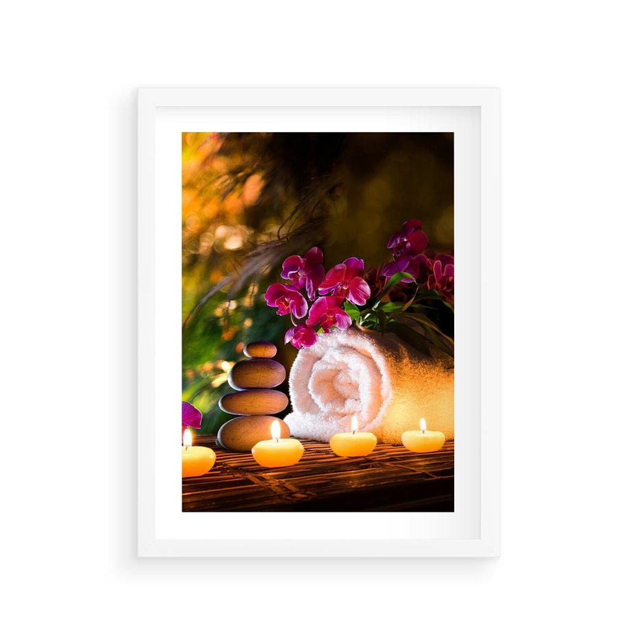 Plakat w ramie 30x40 - Relaksujące spa z płonącymi świecami - spa, świece - rama biała