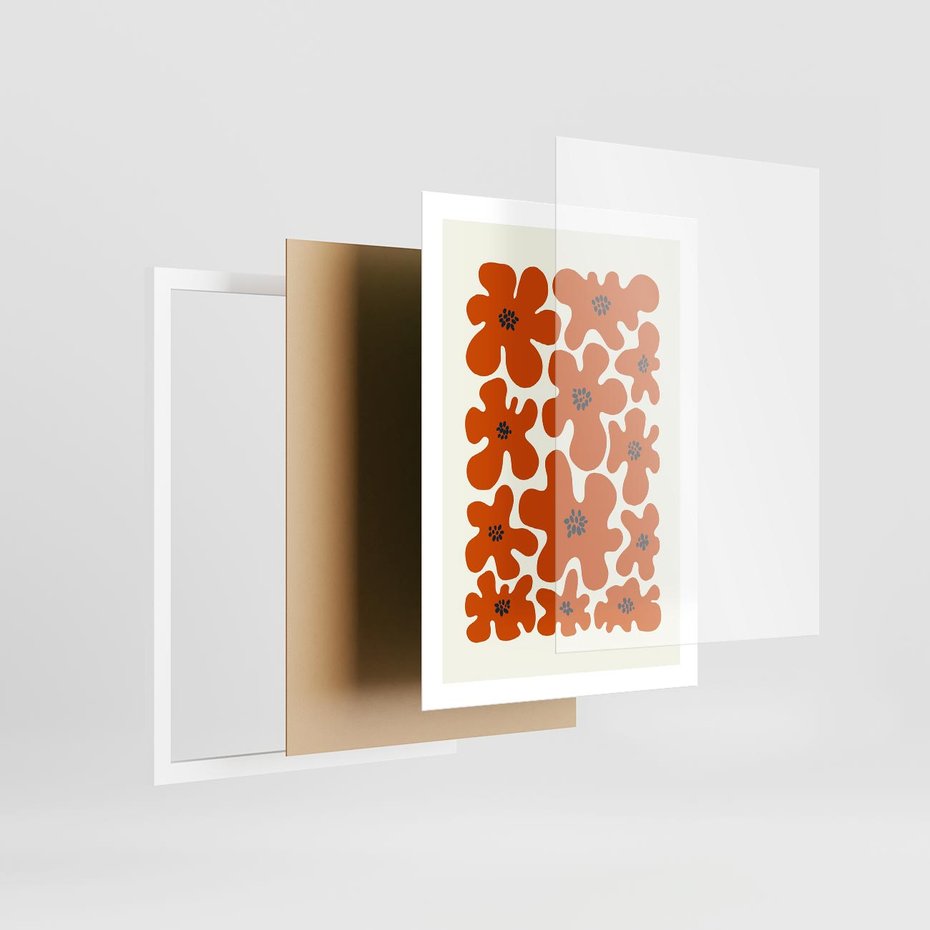 Plakat w ramie 50x70 - Wibracje Przestrzeni - abstrakcyjne czerwone kwiaty, kompozycja - rama biała