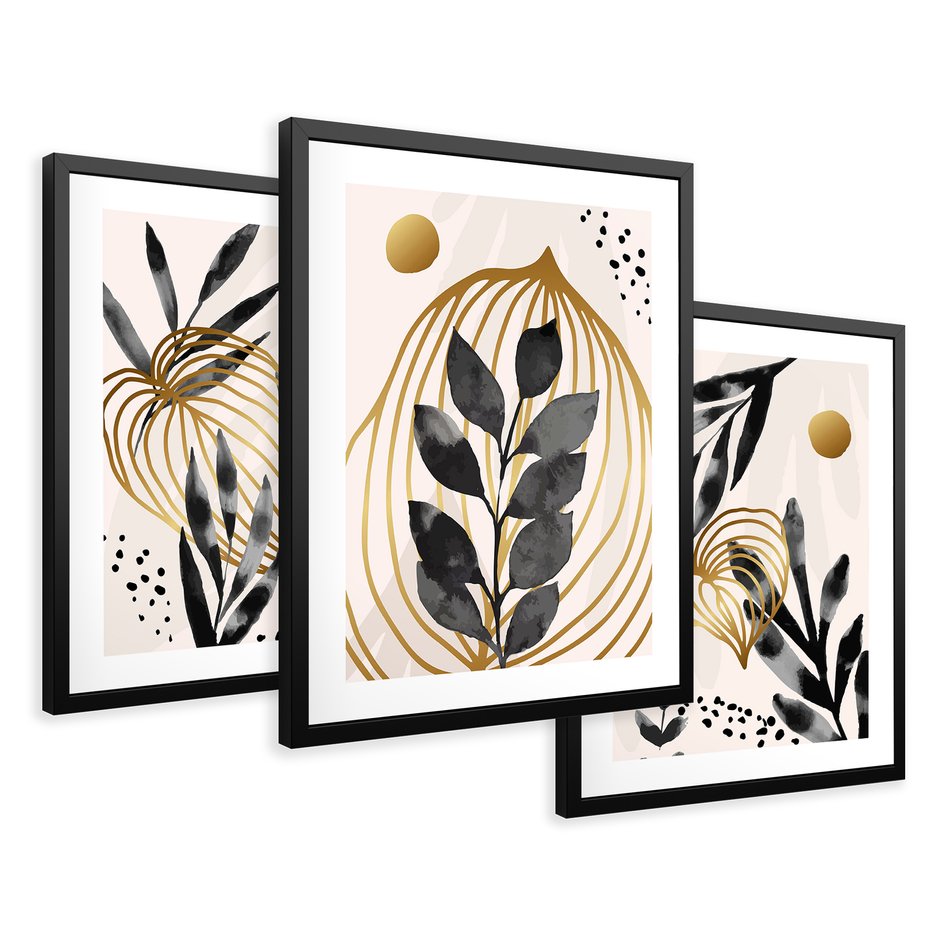 Zestaw obrazy w ramie 50x70 galeria - Złoto, liście, akwarele - rama czarna