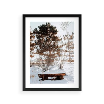 Plakat w ramie 40x50 - Ławka Pod Śniegiem - zimowy pejzaż, ławka pod śniegiem - rama czarna