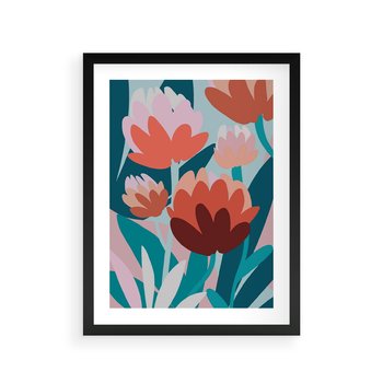 Plakat w ramie 40x50 - Symfonia Kwiatów - abstrakcyjna kompozycja kwiatowych form, kolor zgaszone - rama czarna