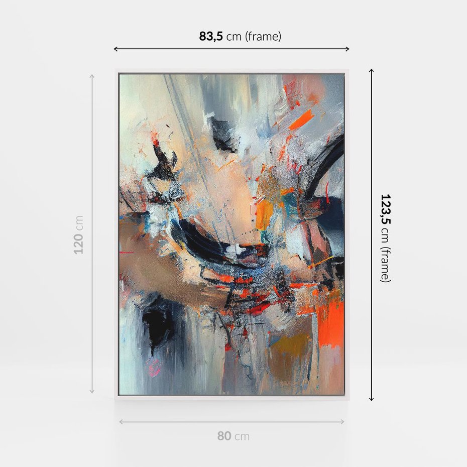 Obraz w ramie 80x120 - Kontrapunkty zatajonych uczuć - dynamiczna abstrakcja, bałagan na płótnie - rama biała