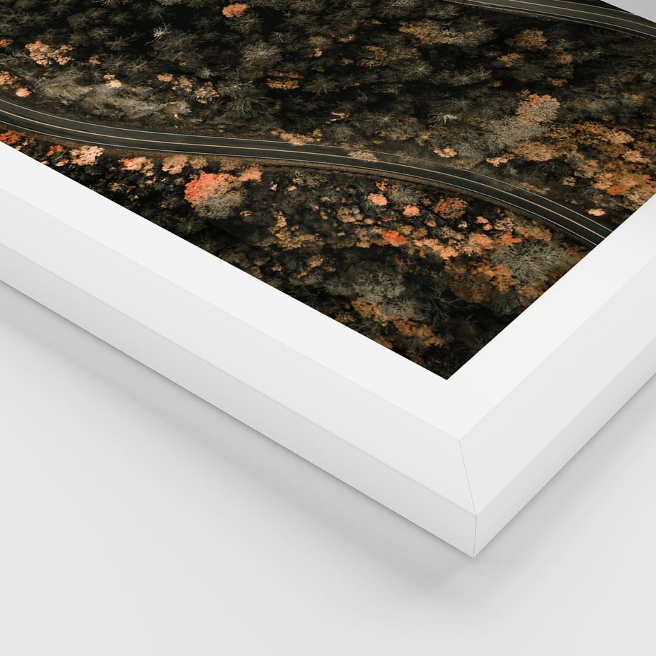 Plakat w ramie 30x40 - Las i Droga w Kolorach Jesieni - droga, ujęcie z góry - rama biała