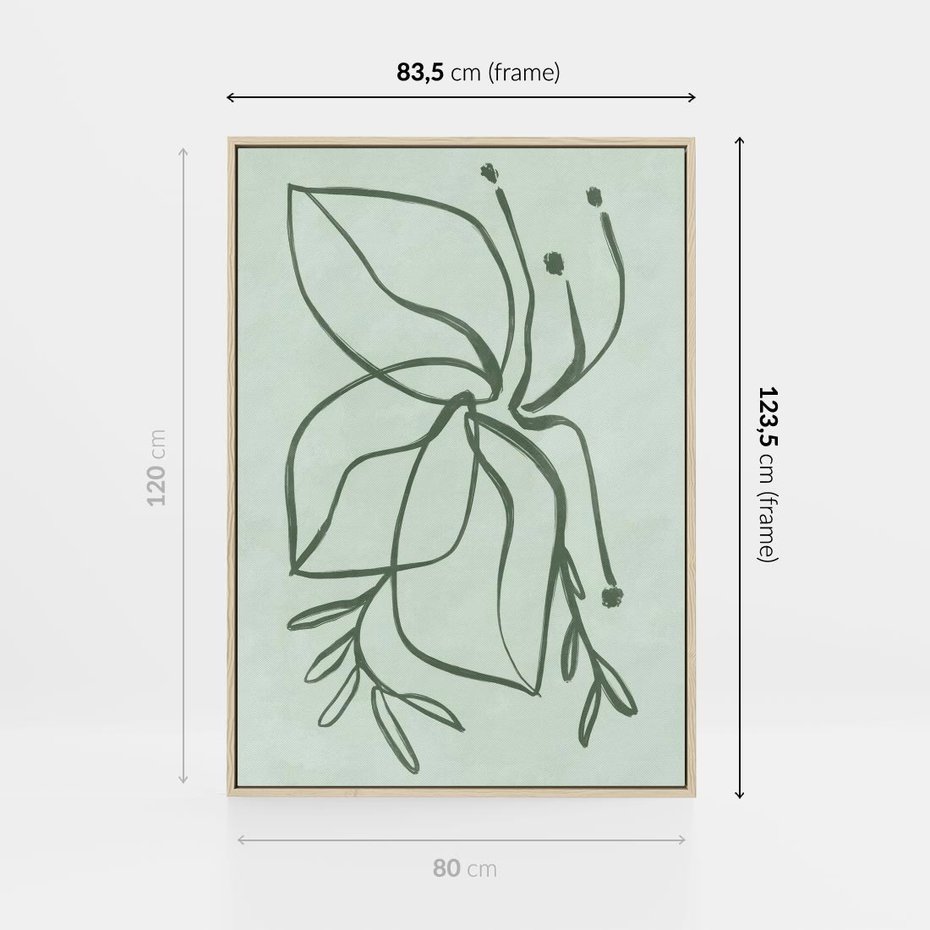 Obraz w ramie 80x120 - Energetyczne Odrodzenie Natury - abstrakcyjne delikatne zielone linie, podobne do gałęzi kwiatów - rama drewno