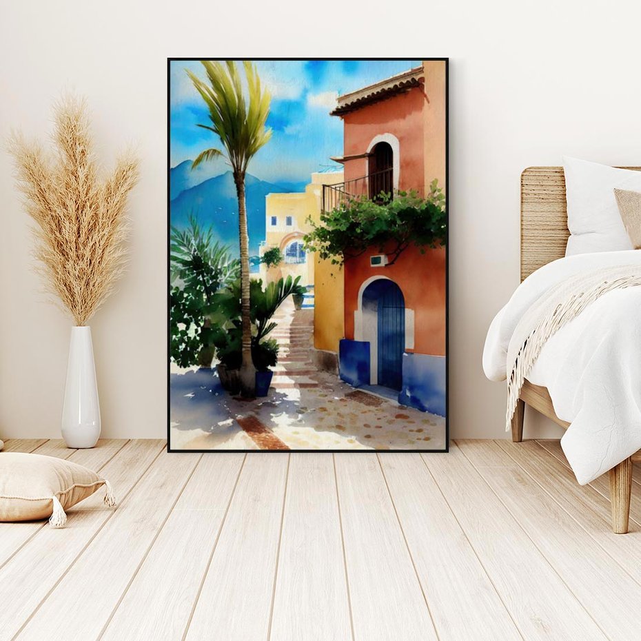 Obraz w ramie 70x100 - Spokój Miasta nad Morzem - akwarela, sródziemnomorski klimat - rama czarna