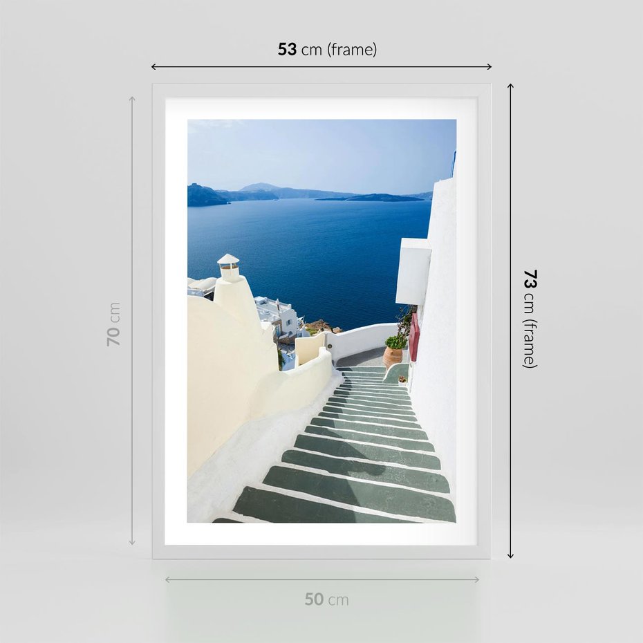 Plakat w ramie 50x70 - Malowniczy urok wyspy - Santorini, schodki - rama biała