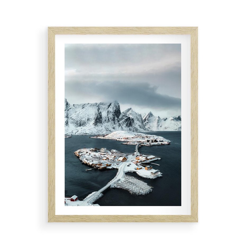 Plakat w ramie 50x70 - Ciepło i Urok Północy - skandynawskie, domki - rama drewno