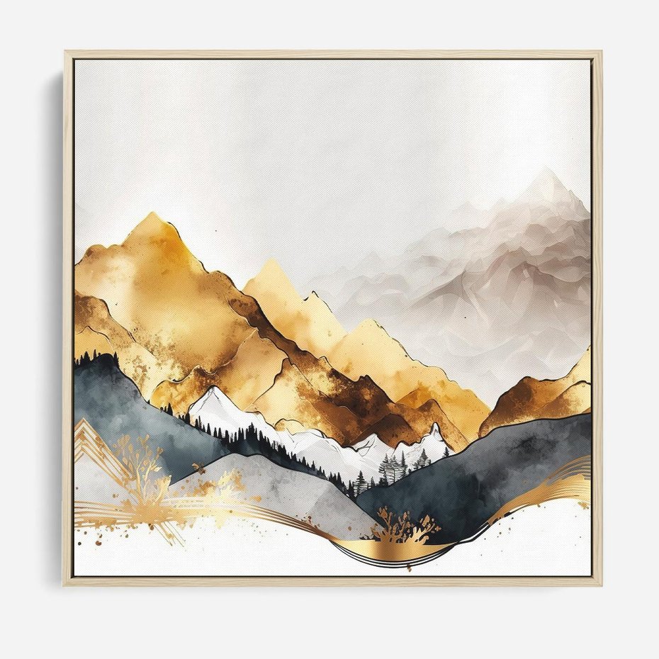 Obraz w ramie 50x50 - Złote Góry - akwarela, graficzne góry - rama drewno