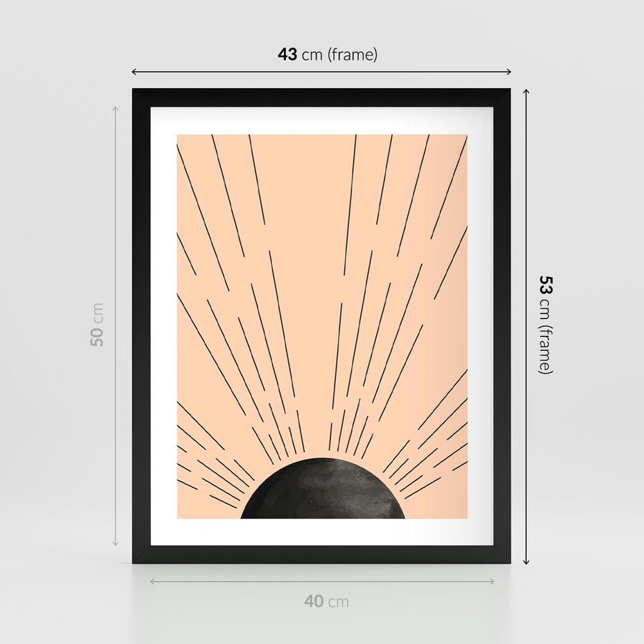 Plakat w ramie 40x50 - Migocące Kształty Promieni - boho czarne słońce, nowoczesna grafika - rama czarna