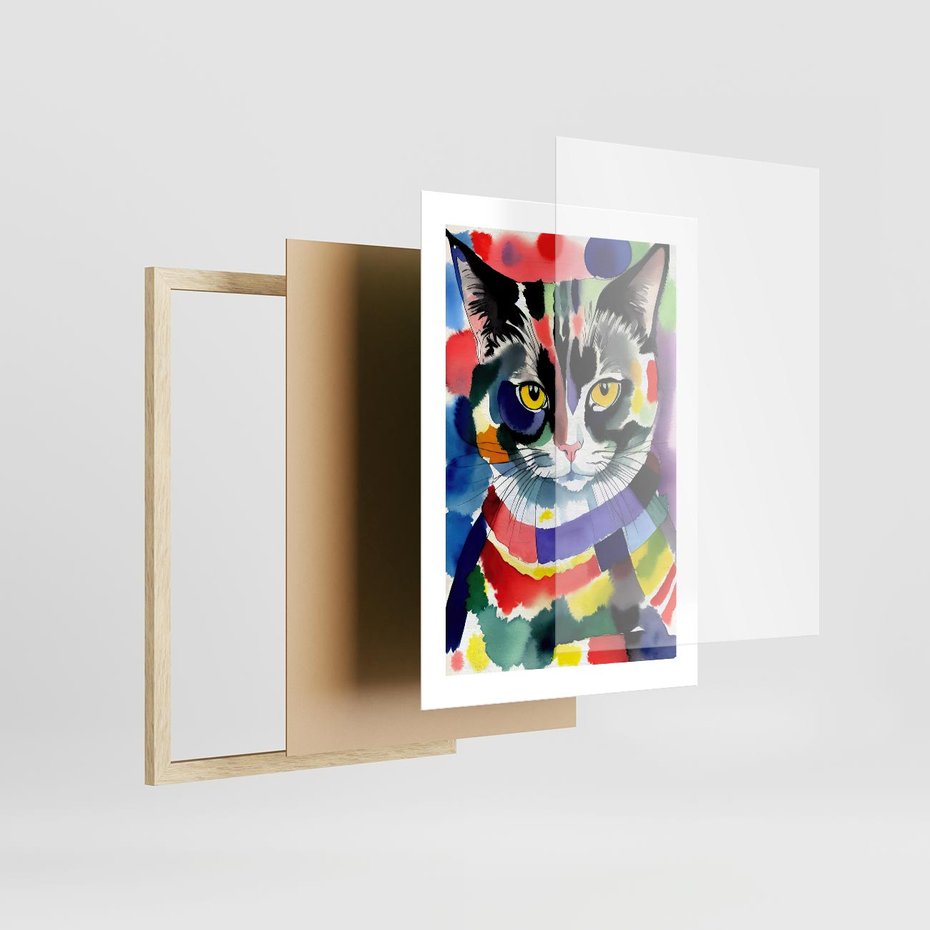 Plakat w ramie 30x40 - Koci Przyjaciel - abstrakcyjny obraz, akwarela - rama drewno