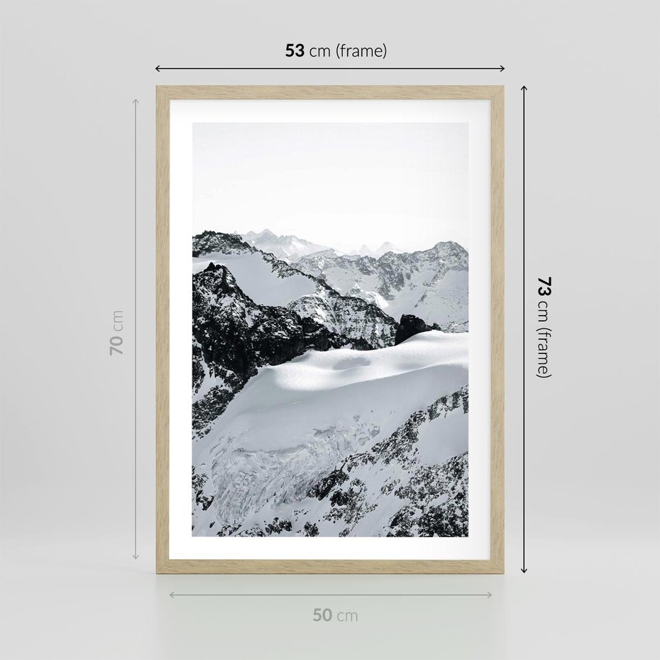Plakat w ramie 50x70 - Biały Zimowy Pejzaż - góry w zimie, ośnieżone wysokie szczyty - rama drewno
