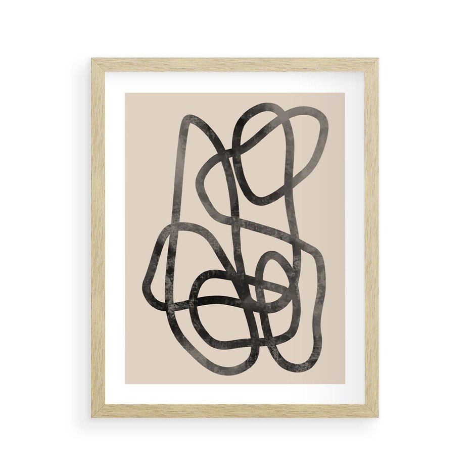 Plakat w ramie 40x50 - Przenikanie Wirtualnych Wymiarów - zaplątane minimalistyczne linie, na bezowym tle - rama drewno