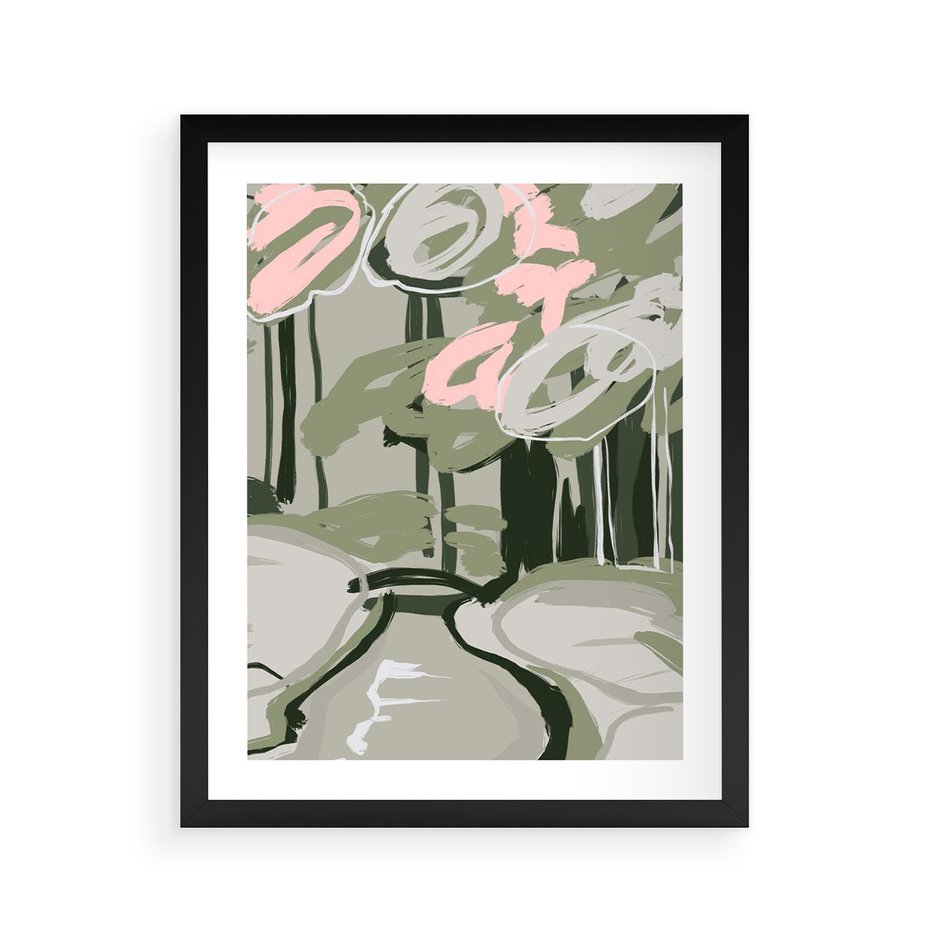 Plakat w ramie 40x50 - Leśny Zakątek - pastelowy krajobraz, nowoczesny plakat - rama czarna