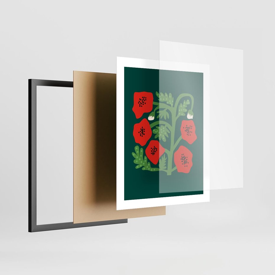 Plakat w ramie 40x50 - Księga Odbić - abstrakcyjna kwiatowa kompozycja, zielone mocne tło - rama czarna