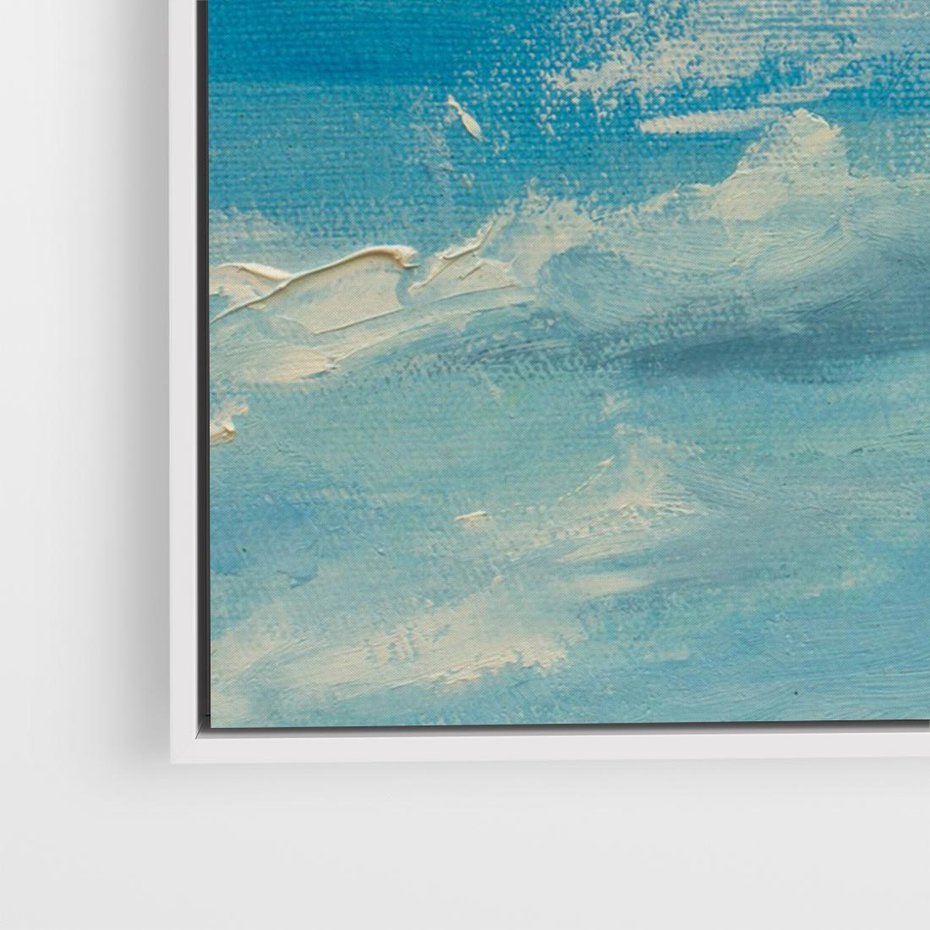 Obraz w ramie 70x50 - Oddechy niebiańskiej materii - olejny obraz, smugi farby przypominają obłoki na błękitnym niebie - rama biała