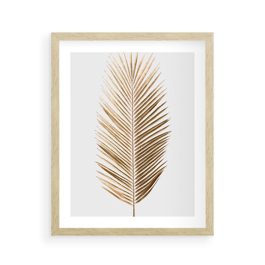 Plakat w ramie 40x50 - Złoty blask palmowego liścia - złota, palma - rama drewno