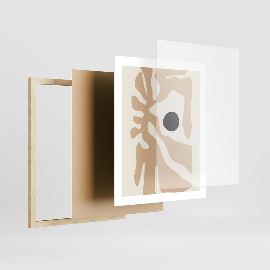 Plakat w ramie 40x50 - Eksploracja Abstrakcji - beżowa absrakcyjna kompozycja, czarny akcent - rama drewno