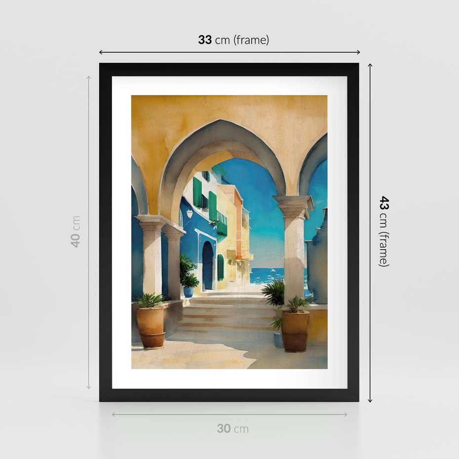 Plakat w ramie 30x40 - Nadmorskie Łuki - akwarela, śródziemnomorski klimat - rama czarna