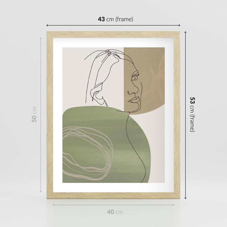 Plakat w ramie 40x50 - Jedna Linia, Wiele Emocji - akwarelowe plamy, na nich szkic postaci kobiety jedną linią - rama drewno