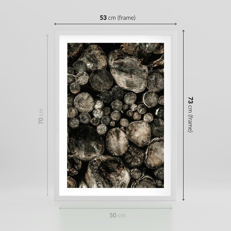 Plakat w ramie 50x70 - Stos Drewna - kłody drewna, pociete drweno - rama biała
